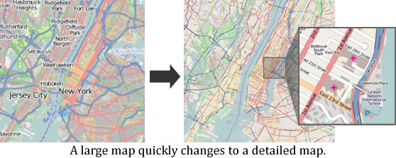 A large map quickly changes to a detailed map.
