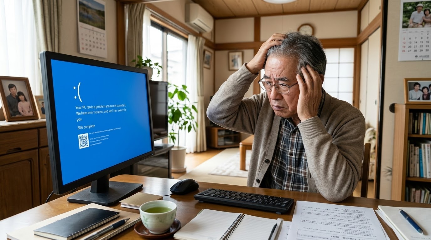 パソコンの青い画面を前に頭を抱える男性