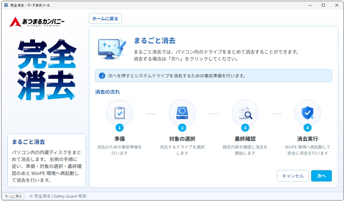 消去の流れを示す画面