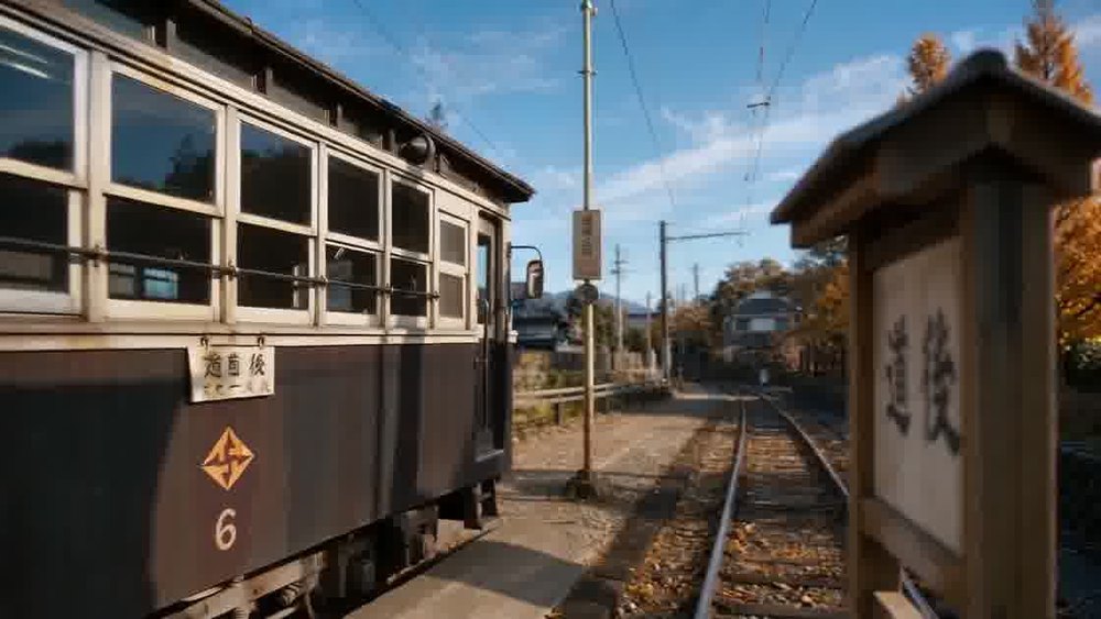 道後の停留所に停まる路面電車