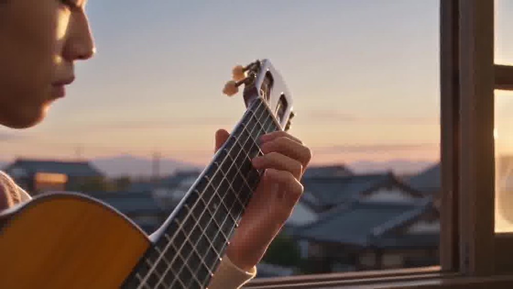 窓辺でギターの弦を合わせる青年