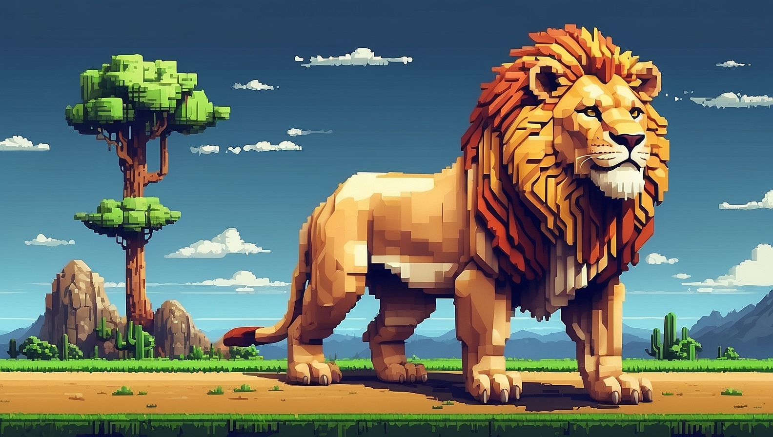 ドット絵スタイルのライオン画像