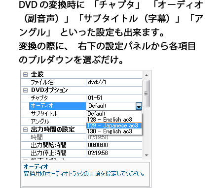 DVDの変換時に「チャプタ」「オーディオ（副音声）」「サブタイトル（字幕）」「アングル」といった設定も出来ます。
変換の際に、右下の設定パネルから各項目のプルダウンを選ぶだけ。