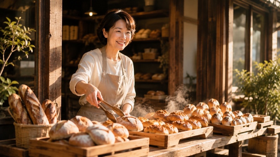 朝の光が差すパン屋の店先で微笑む女性店主