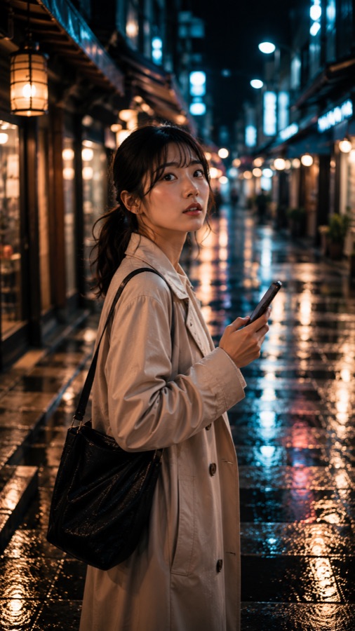 雨上がりの夜の商店街。縦構図でスマートフォンから顔を上げる女性