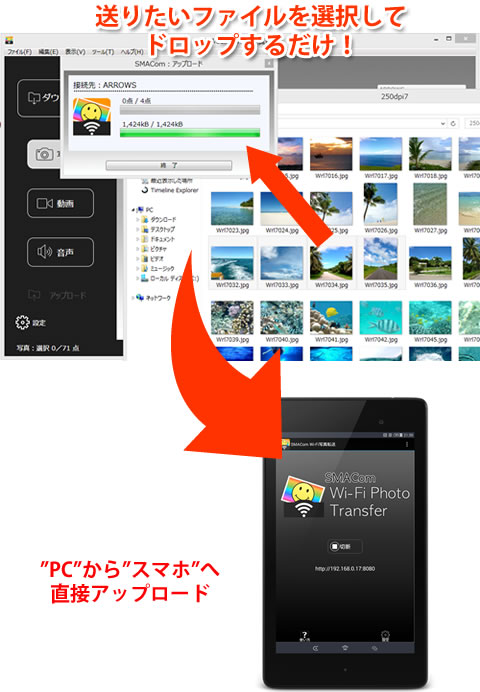 送りたいファイルを選択してドロップするだけ! "PC"から"スマホ"へ直接アップロード